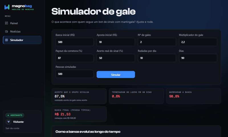 Controles e resultados do simulador de gale